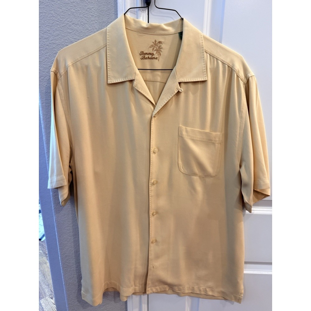 Tommy Bahama 100% Silk Shirt Men's Large Yellow Short Sleeve Button Up Collar‎
